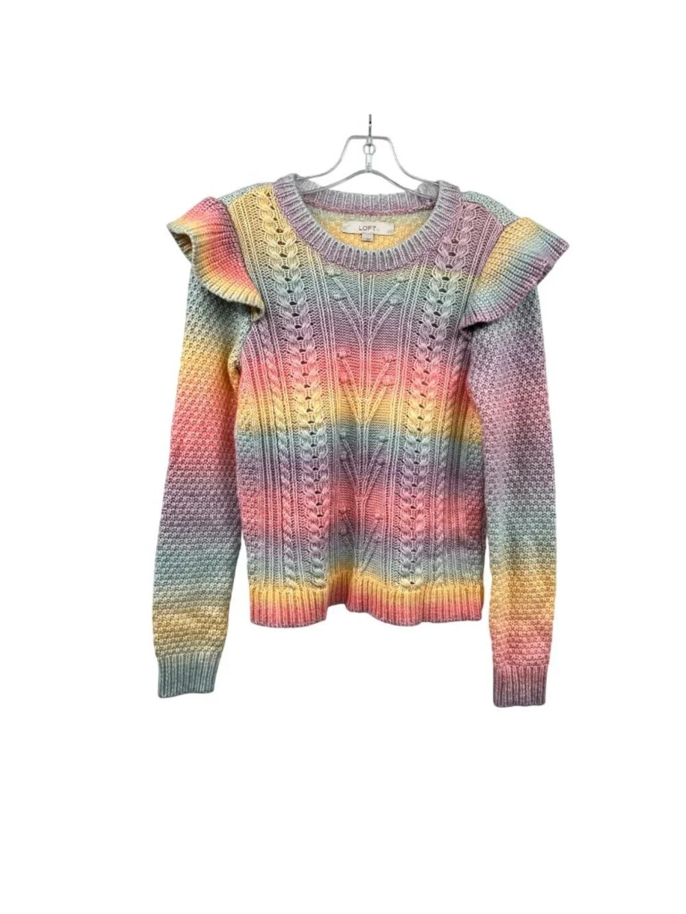 Loft Womens Rainbow Knit Sweater Long Sleeve Ruffle Shoulder Size Small